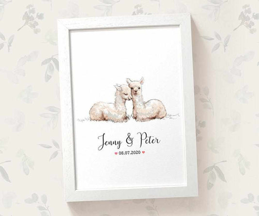 Llama Couple A4 Framed Print Personalized With Names And Date For An Exceptional First Anniversary Gift Idea