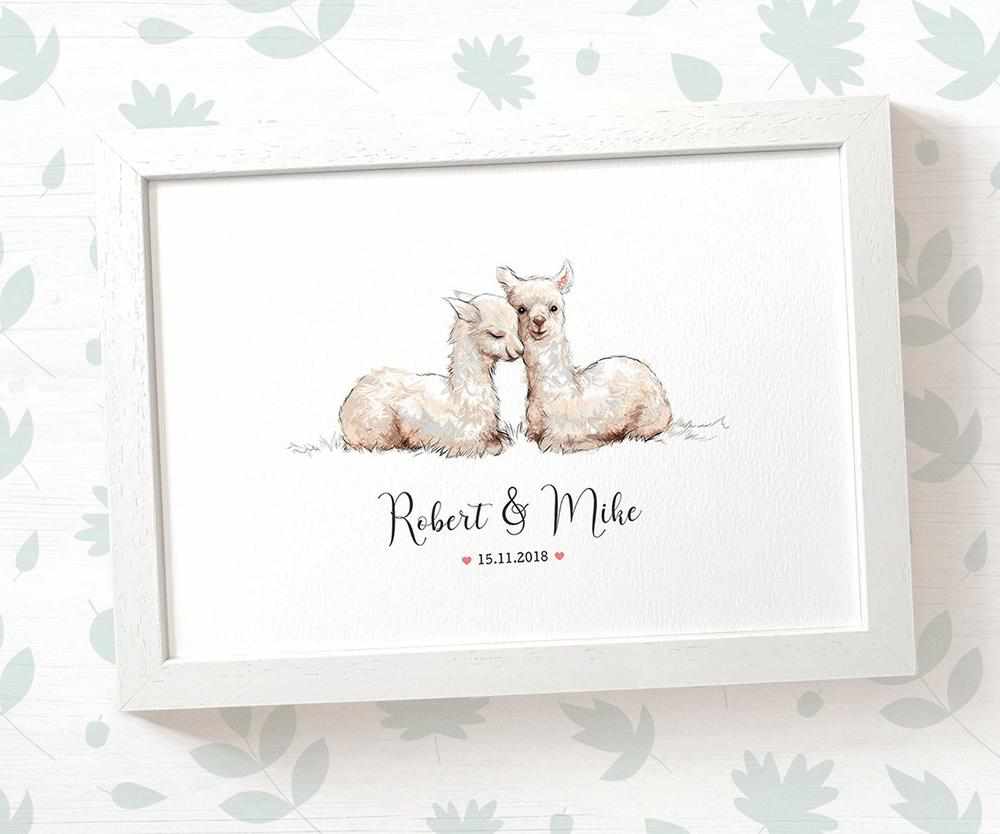 Personalized Llama Couple A4 Framed Print Featuring Newlywed Names And Date For A Unique Wedding Gift