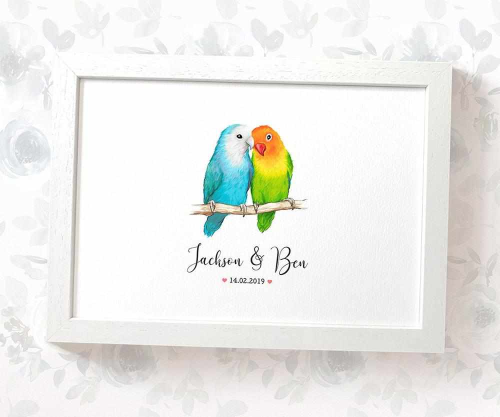 Personalized Lovebirds Couple A4 Framed Print Featuring Names and Date For A Special First Anniversary Gift