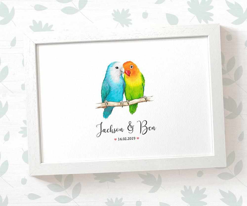 Personalized Lovebirds Couple A4 Framed Print Featuring Newlywed Names And Date For A Unique Wedding Gift