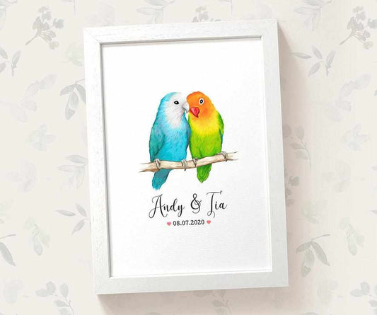 Lovebirds Couple A4 Framed Print Personalized With Names And Date For An Exceptional First Anniversary Gift Idea
