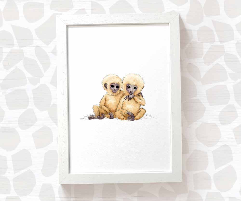 Newborn Baby Shower Gift Safari Nursery Decor Kids Animal Wall Art Monkey Print First Birthday Framed