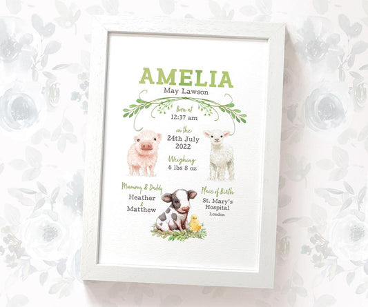 New Baby Birth Record Gift Name Date Farmyard Nursery Animals Baby Room Decor Wall Art Print