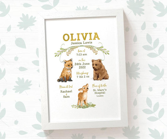 New Baby Birth Record Gift Name Date Woodland Nursery Animals Baby Room Decor Wall Art Print