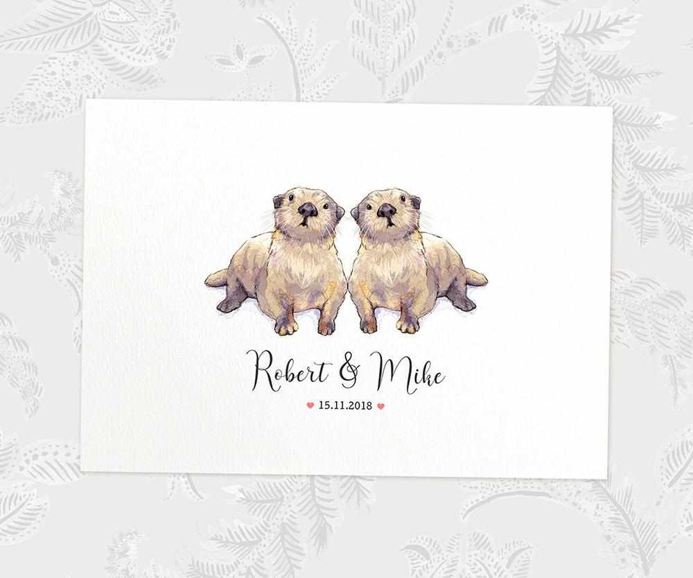 Two Otters A4 Unframed Print Customized With Names And Date For A Thoughtful Valentines Day Gift