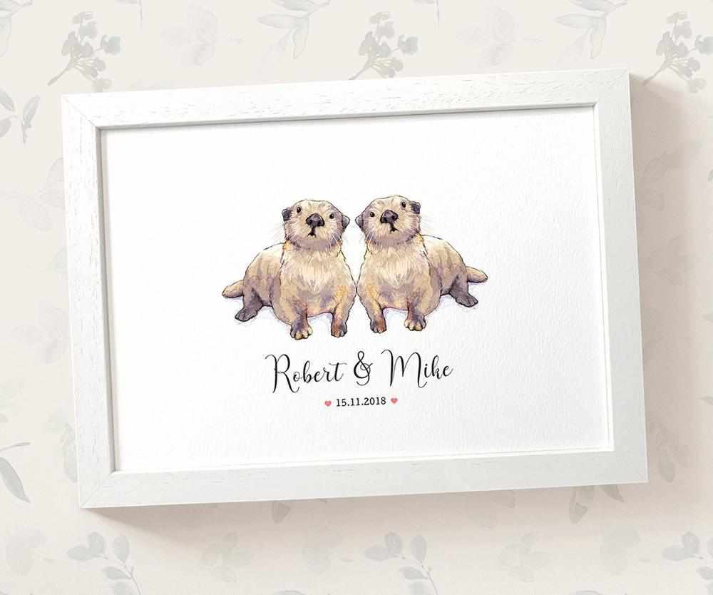 Personalized Otter Couple A4 Framed Print Featuring Newlywed Names And Date For A Unique Wedding Gift