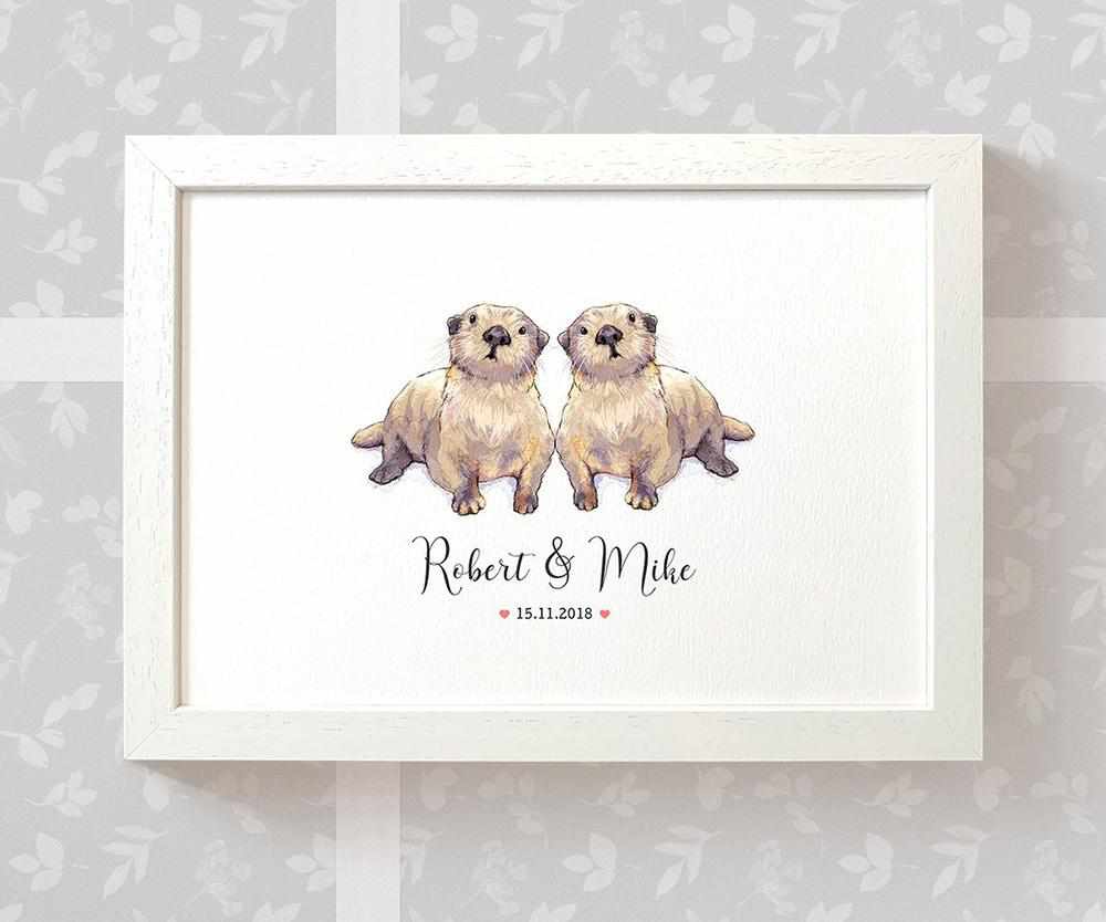 Personalized Otter Couple A4 Framed Print Featuring Names and Date For A Special First Anniversary Gift