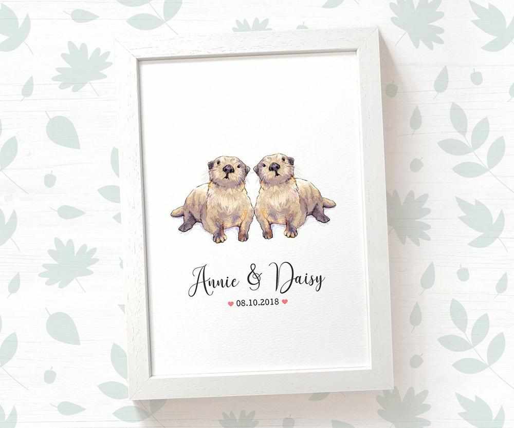 Otter Couple A4 Framed Print Personalized With Names And Date For An Exceptional First Anniversary Gift Idea