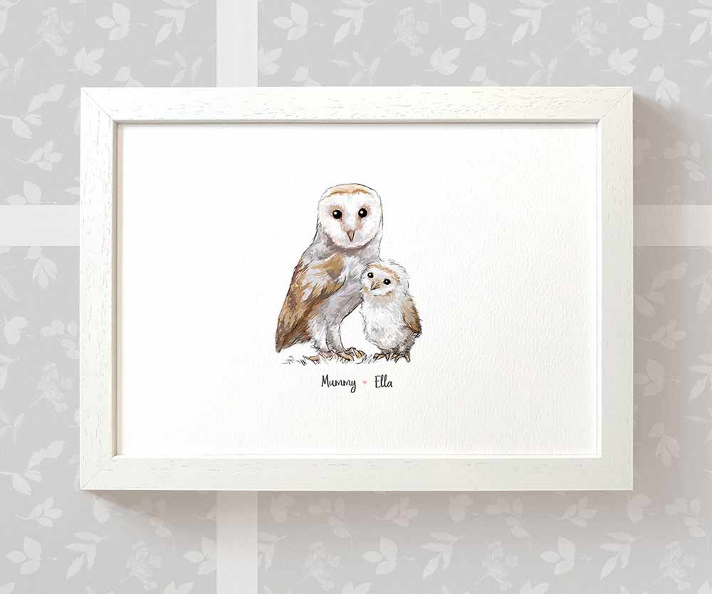 Framed A3 barn owl print featuring dad and baby with names for the best fathers day gift