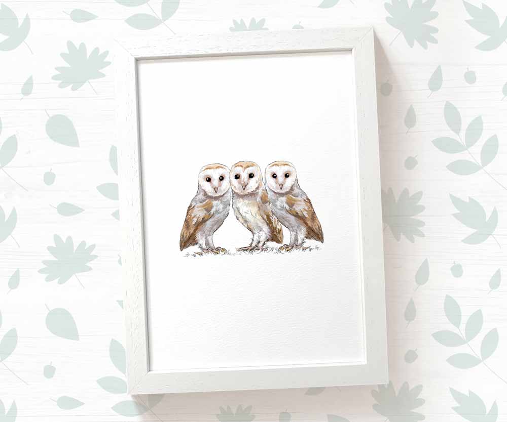 Owls Woodland Animal Nursery Print for Triplets