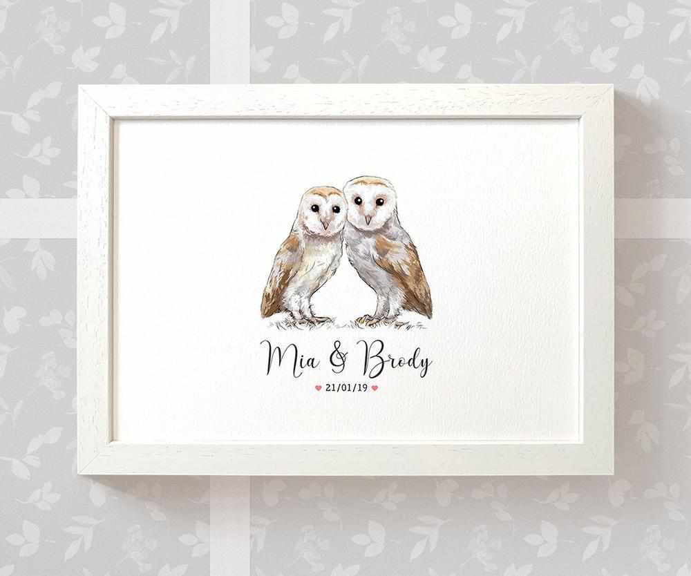 Personalized Owl Couple A3 Framed Print Featuring Names And Date For A Memorable 50th Anniversary Gift For Parents