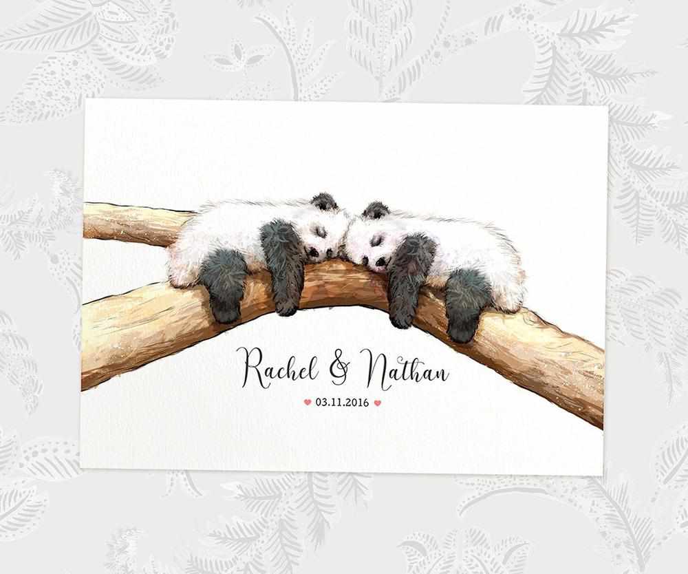 Two Pandas A3 Unframed Art Print Personalized With Names And Date For A Heartwarming Valentines Day Gift