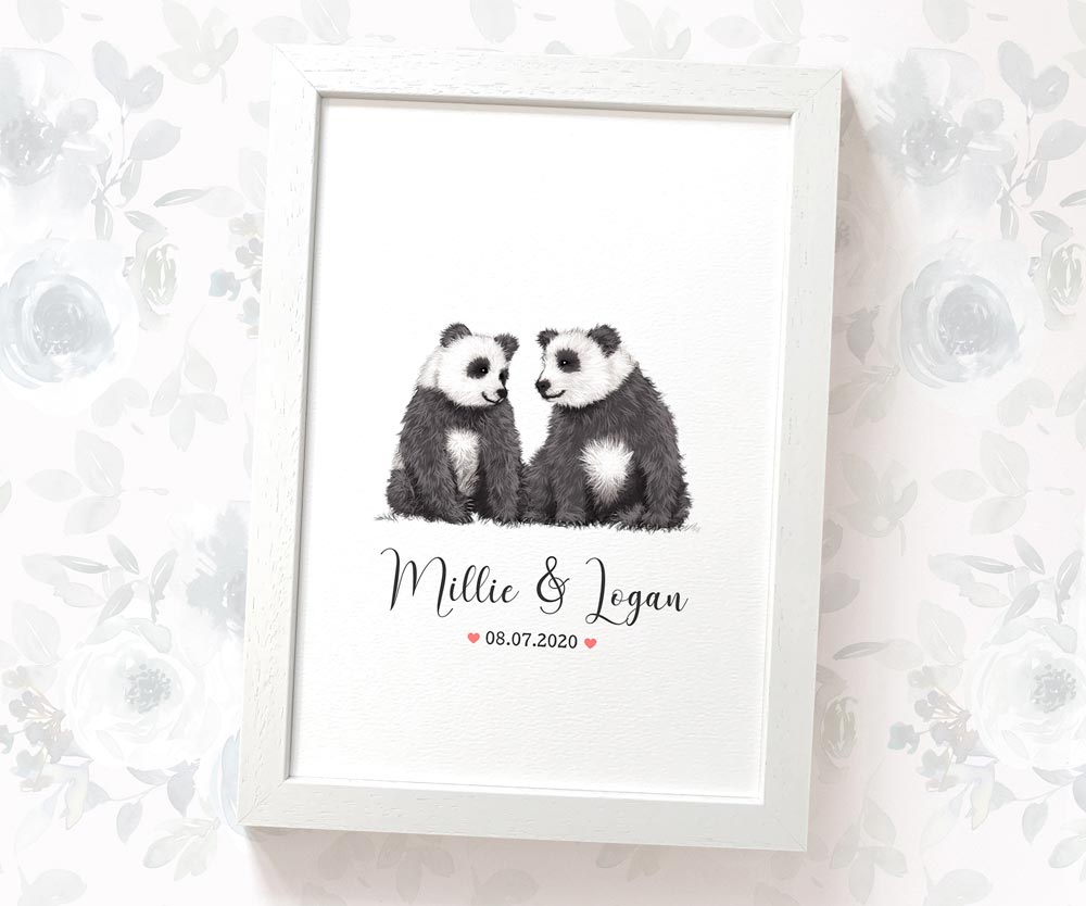 Personalized Panda Couple A4 Framed Print Featuring Newlywed Names And Date For A Unique Wedding Gift