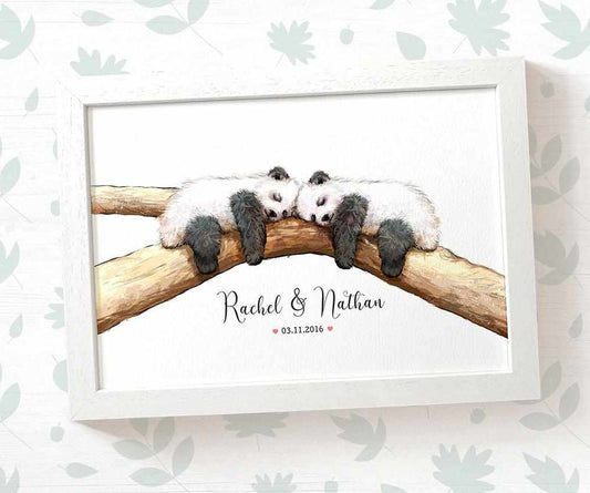 Panda Couple A4 Framed Print Personalized With Names And Date For An Exceptional First Anniversary Gift Idea