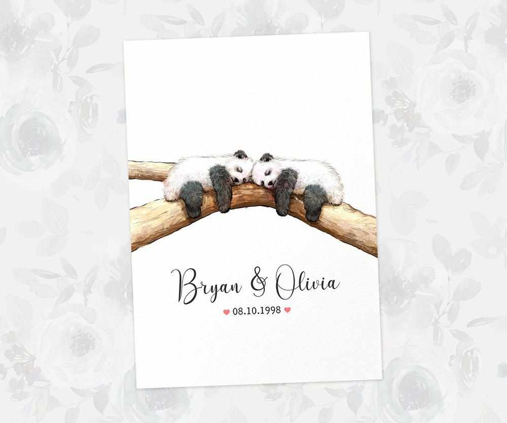 Two Pandas A4 Unframed Print Customized With Names And Date For A Thoughtful Valentines Day Gift