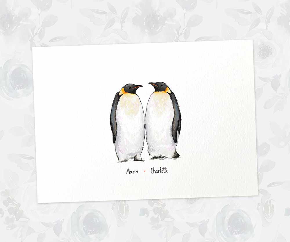Penguin couple print with personalised names beneath for the best husband or wife gift