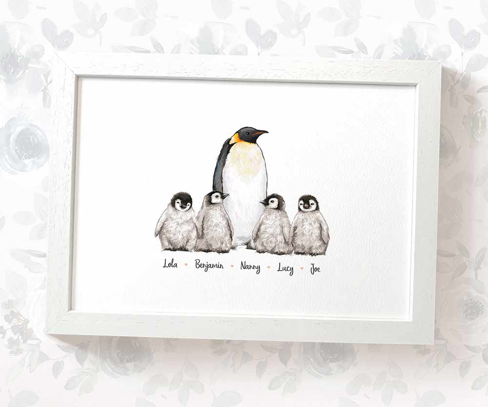 Penguin A3 framed family print featuring grandma and grandchildren personalised with names for the best mothers day gift