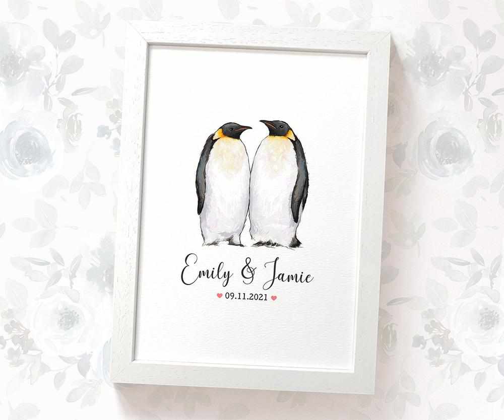Personalized Penguin Couple A4 Framed Print Featuring Names and Date For A Special First Anniversary Gift