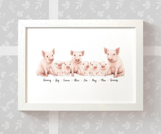 Printed and framed A4 family of 8 pigs personalised with names for a special mothers day present