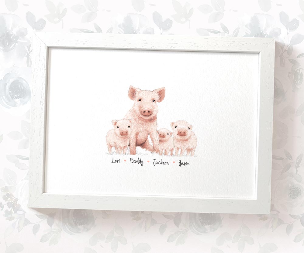 Pig A3 framed family print featuring dad and 3 children personalised with names for the best fathers day gift