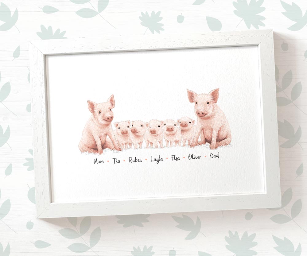 Pig family of five portrait personalised with names displayed in an A4 white wood frame for a thoughful gift for mum