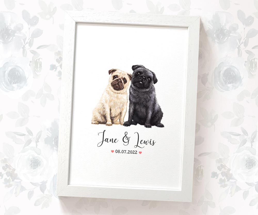 Black And Fawn Pug Couple A4 Framed Print Personalized With Names And Date For A First Anniversary Gift Idea