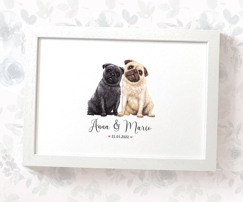 Personalized Pug Couple A3 Framed Print Featuring Names And Date For A Memorable 50th Anniversary Gift For Parents