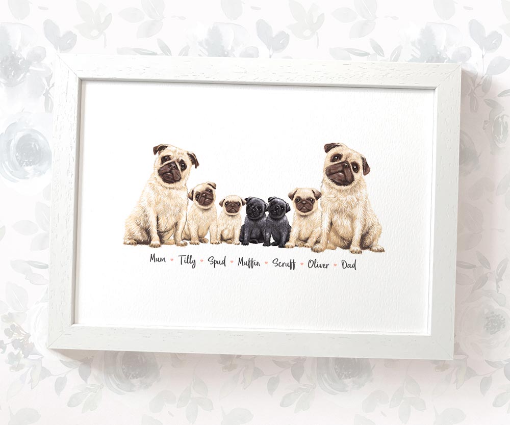 Pug family portrait personalised with names displayed in an A4 white wood frame for a thoughful gift for mum