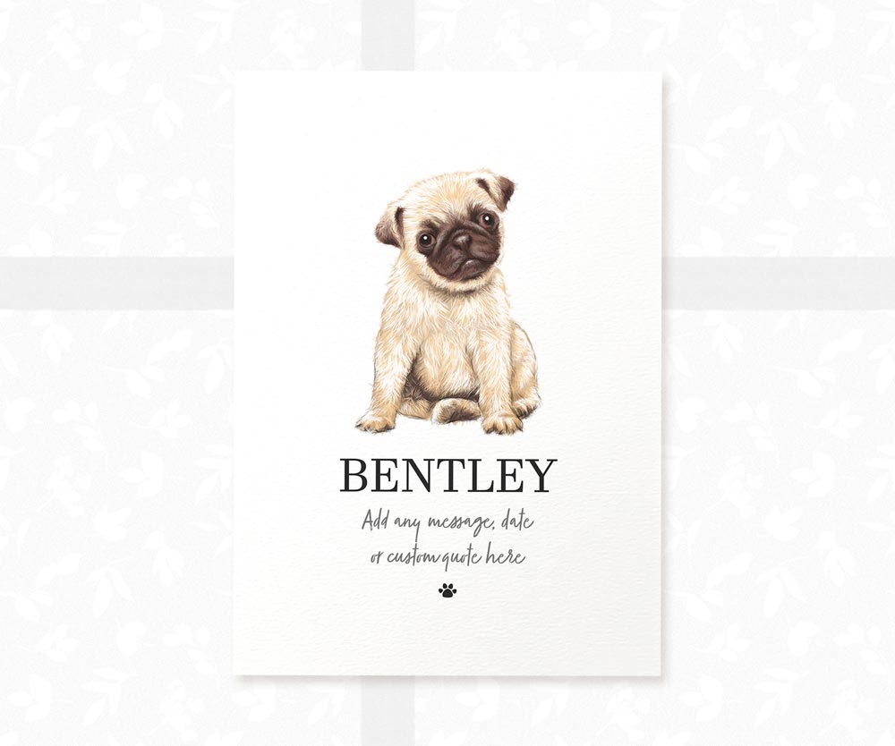 New Pug Dog Puppy Pet Portrait Memorial Loss Adoption Christmas Gift Name Sign Personalised Art Print