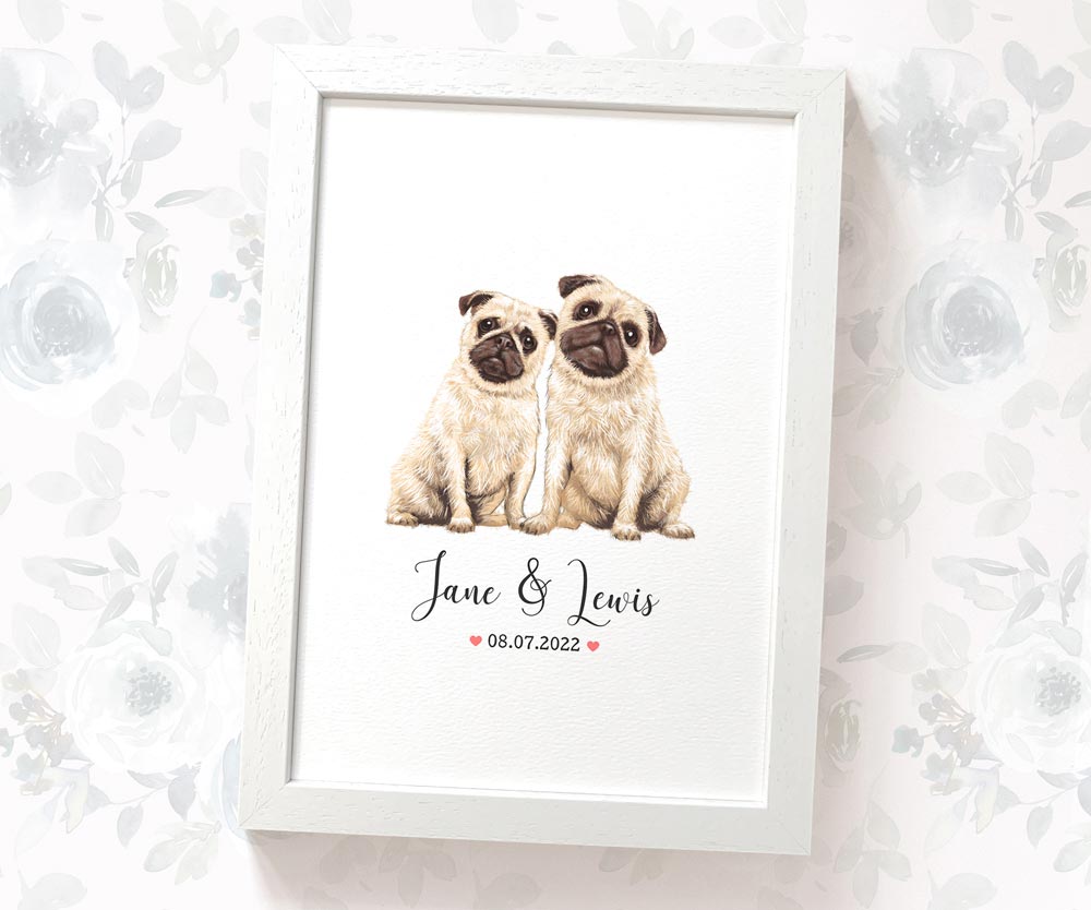 Personalized Pug Couple A4 Framed Print Featuring Newlywed Names And Date For A Unique Wedding Gift