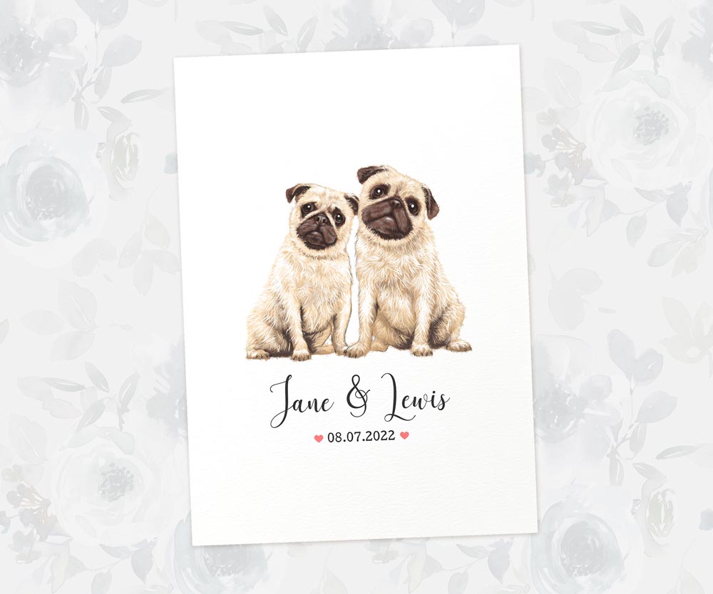 Pug Couple A3 Unframed Art Print Personalized With Names And Date For A Heartwarming Valentines Day Gift