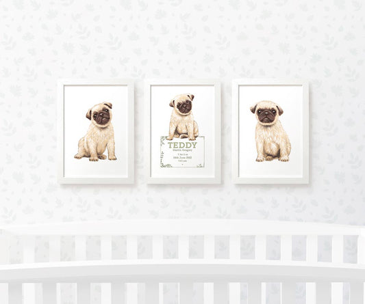 Pug Personalised Nursery Prints Set of 3