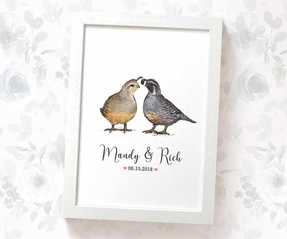 Personalized Quail Couple A4 Framed Print Featuring Names and Date For A Special First Anniversary Gift