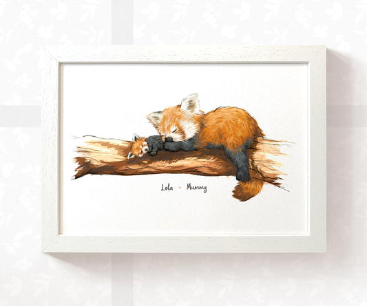 Framed red panda wall art print featuring mother and baby personalised with names for a unique baby shower gift