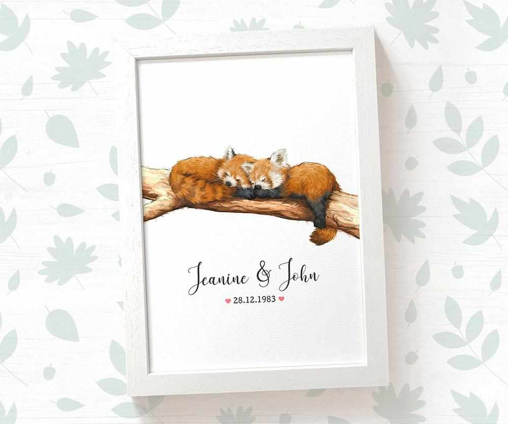 Personalized Red Panda Couple A4 Framed Print Featuring Newlywed Names And Date For A Unique Wedding Gift