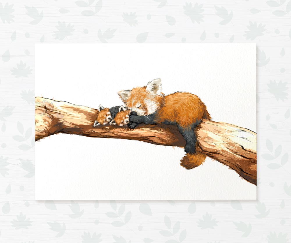 Red Panda Family Nursery Print | One Adult Two Babies