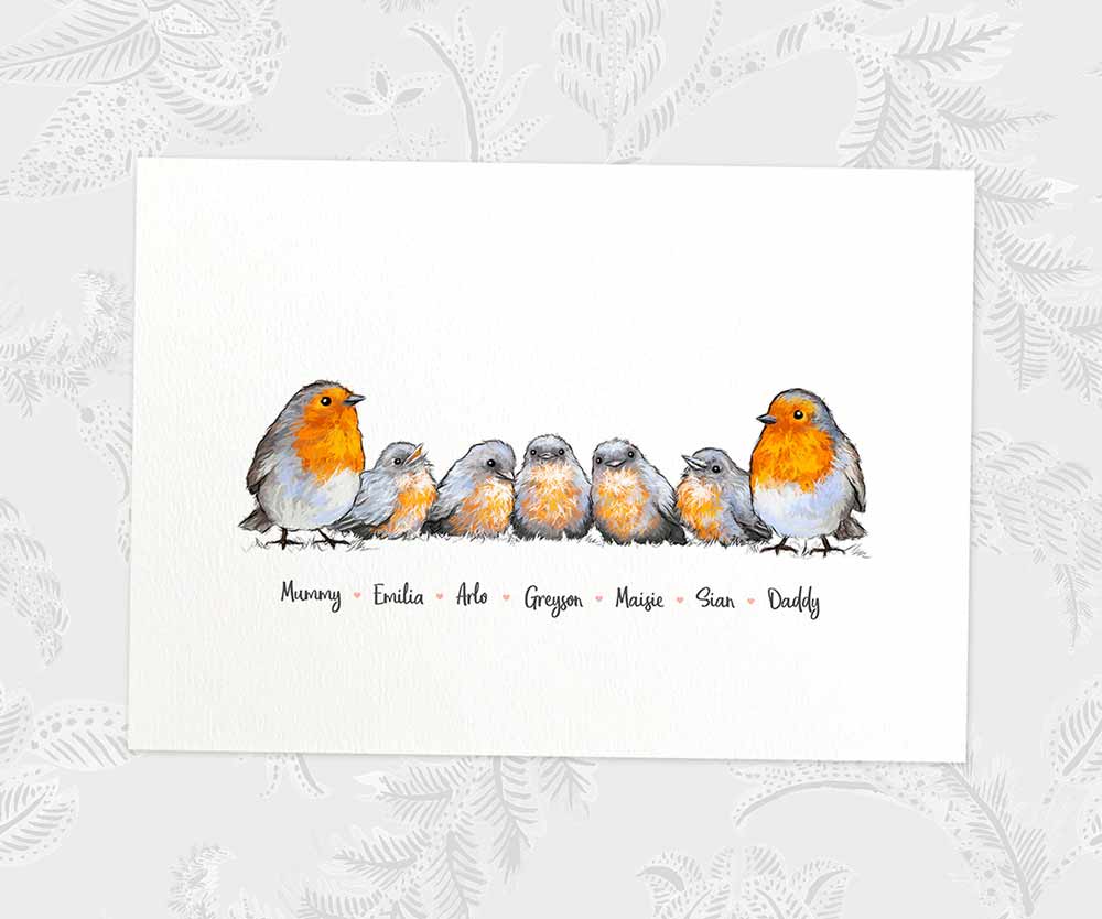 White framed A4 family portrait of 7 robins with personalised names for the perfect birthday gift for mum