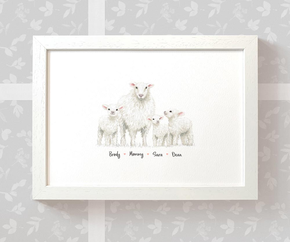 Framed A3 sheep family print featuring mother and children with names beneath for a unique mothers day gift