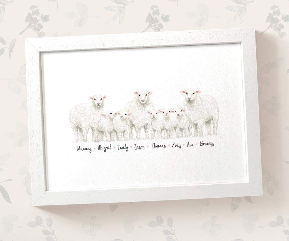 Herd of sheep family portrait personalised with names displayed in an A4 white wood frame for a thoughful gift for mum