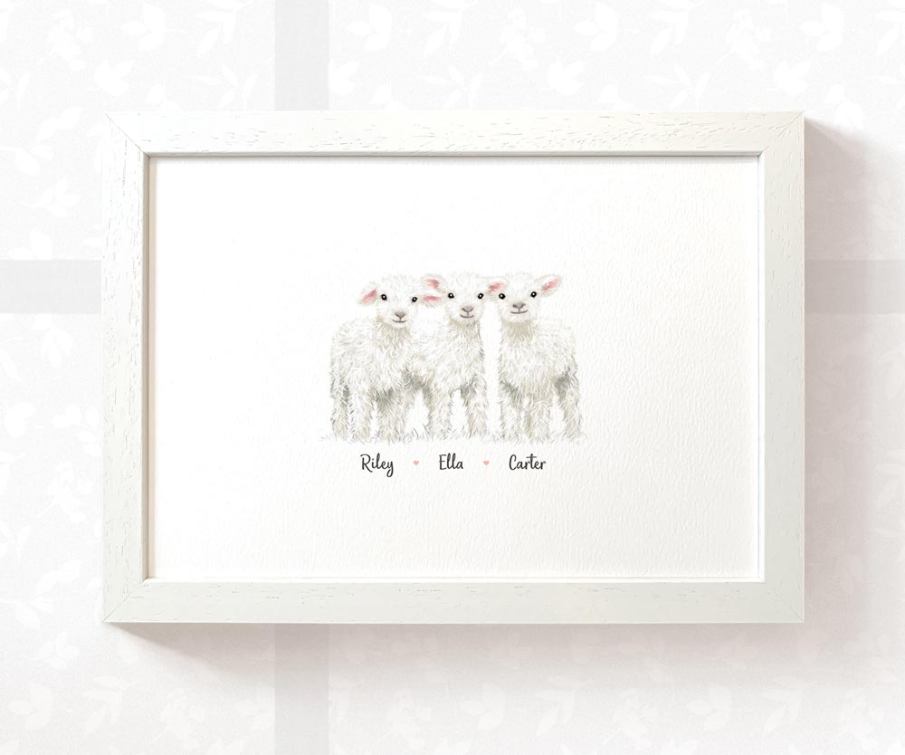 Three baby lambs framed A3 family print with names for a unique triplet baby shower gift