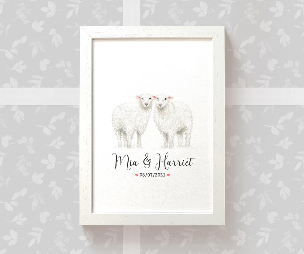 Personalized Sheep Couple A4 Framed Print Featuring Names and Date For A Special First Anniversary Gift