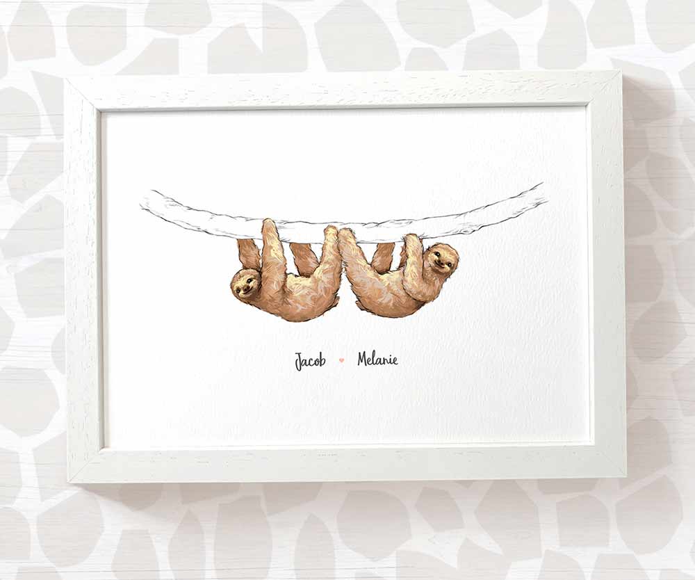 Sloth couple framed print with personalised names beneath for the best husband or wife gift