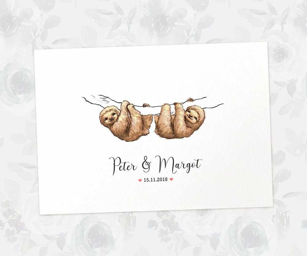 Two Sloths A3 Unframed Art Print Personalized With Names And Date For A Heartwarming Valentines Day Gift