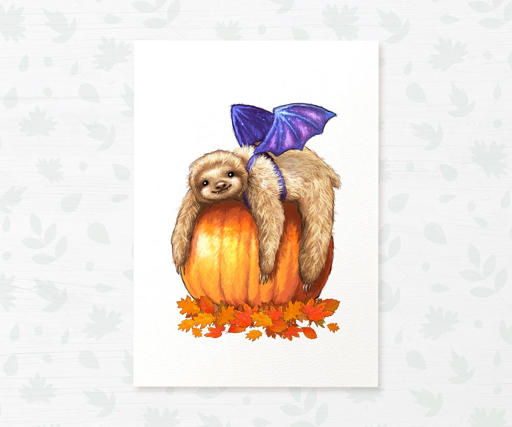 Sloth Halloween Decoration Pumpkin Wall Art Autumn Print Party Decor Ideas Vampire Costume Cute Creepy Poster