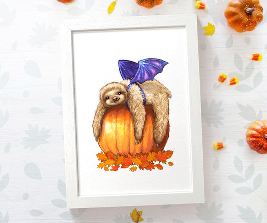 Sloth Halloween Decoration Pumpkin Wall Art Autumn Print Party Decor Ideas Vampire Costume Framed A4 A3