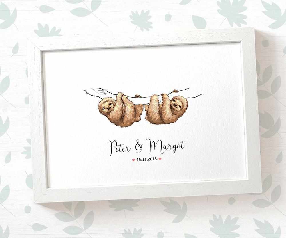 Personalized Sloth Couple A3 Framed Print Featuring Names And Date For A Memorable 50th Anniversary Gift For Parents