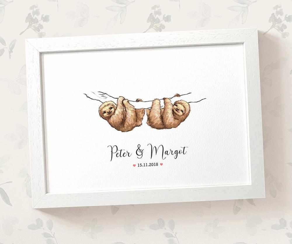 Sloth Couple A4 Framed Print Personalized With Names And Date For An Exceptional First Anniversary Gift Idea