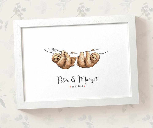Sloth Couple A4 Framed Print Personalized With Names And Date For An Exceptional First Anniversary Gift Idea