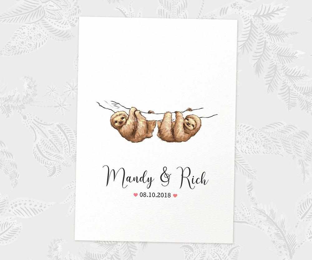 Two Sloths A4 Unframed Print Customized With Names And Date For A Thoughtful Valentines Day Gift
