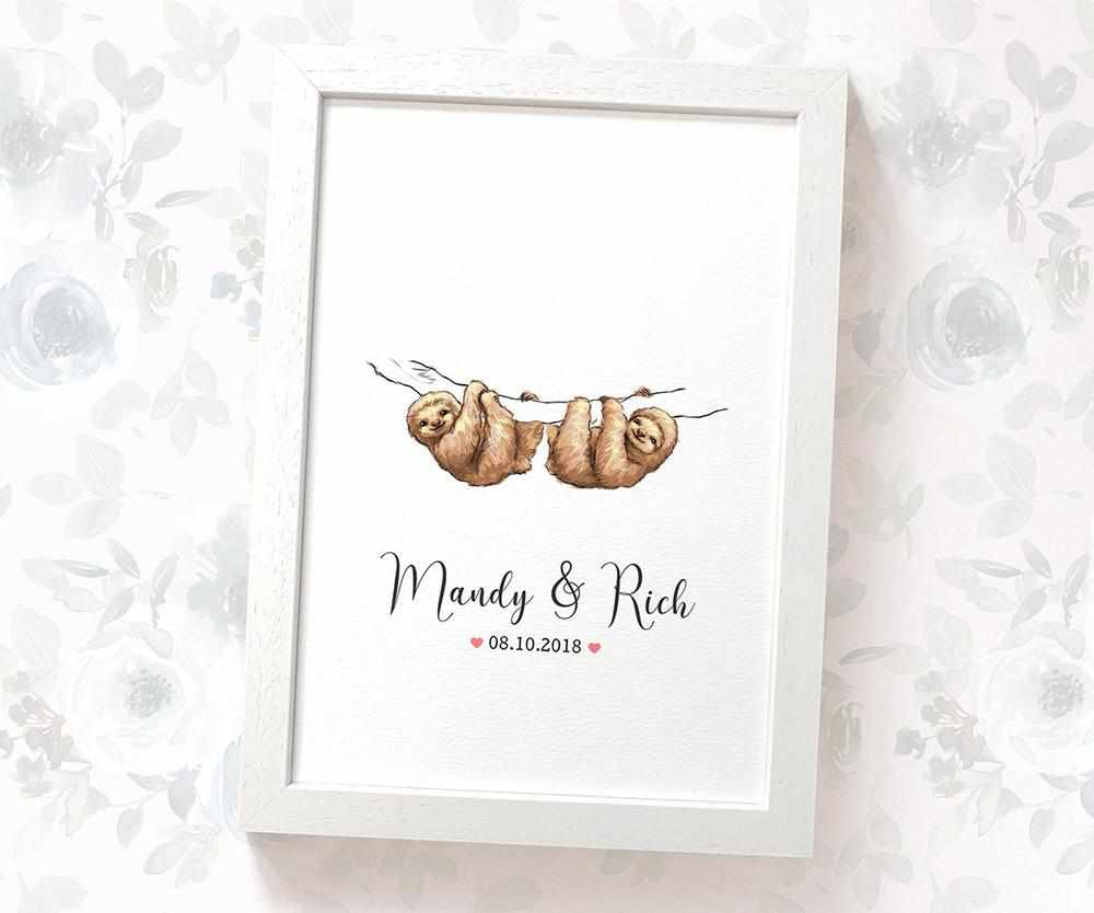 Personalized Sloth Couple A4 Framed Print Featuring Names and Date For A Special First Anniversary Gift